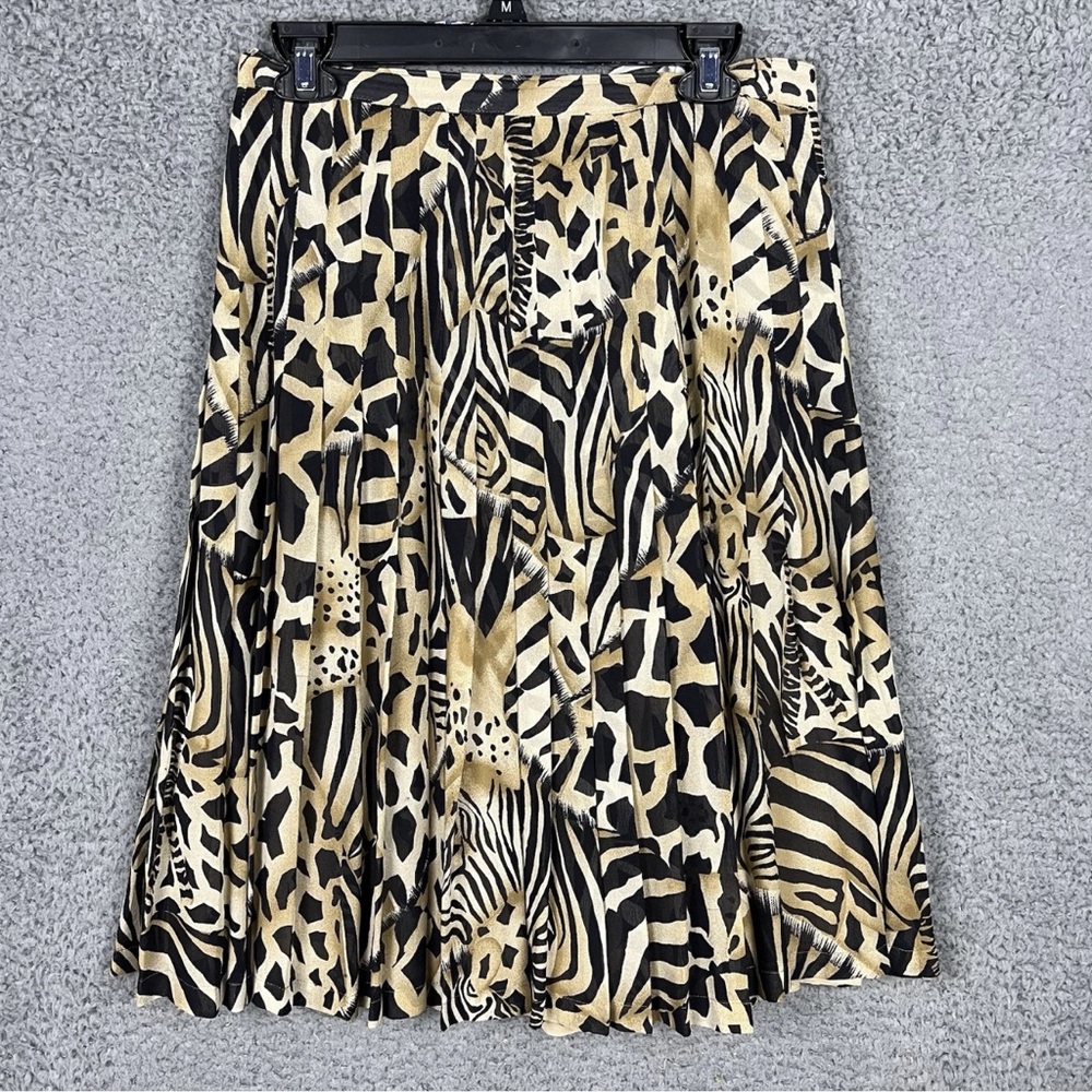 Vintage Escada Skirt Pleated Midi Animal Print 100% Silk A-Line Lined US 12 EUC
